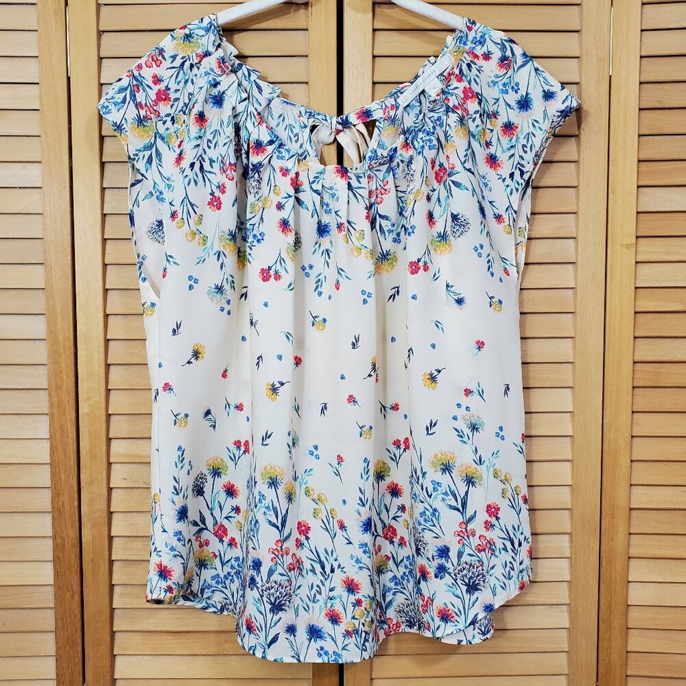 LC Lauren Conrad Cream Floral Pleat Neck Blouse XL